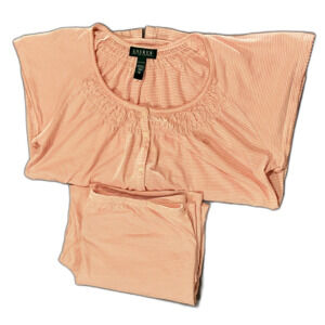 Lauren Ralph Lauren Monogram Pajama Set 100% Cotton Pink & White Stripe -Size XL